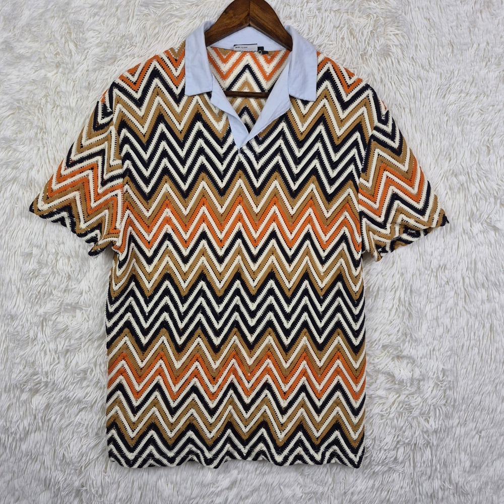 ASOS Mens Crochet Knit Chevron Johnny Collar Polo Shirt Brown Orange Sz L Resort